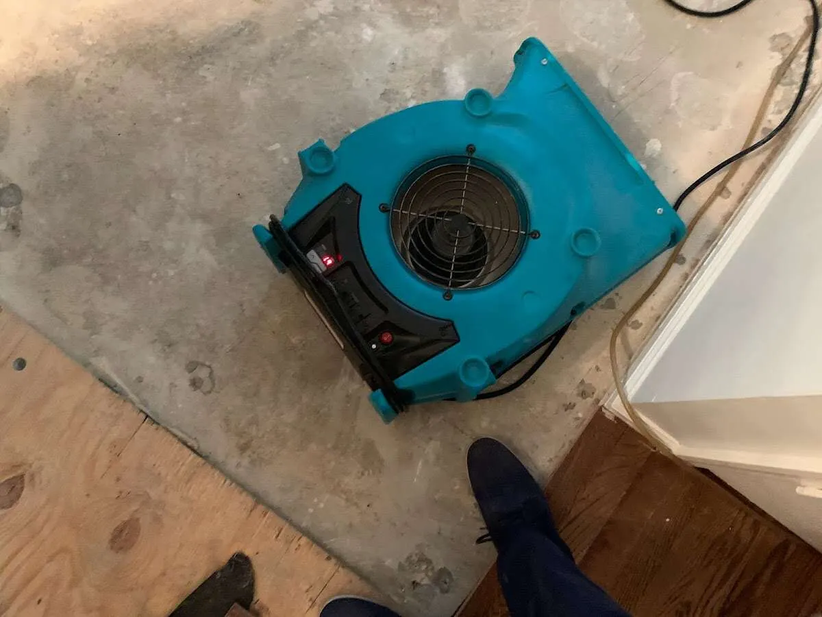 Air mover drying subfloor during Leak Detection & Repair in Hazlet